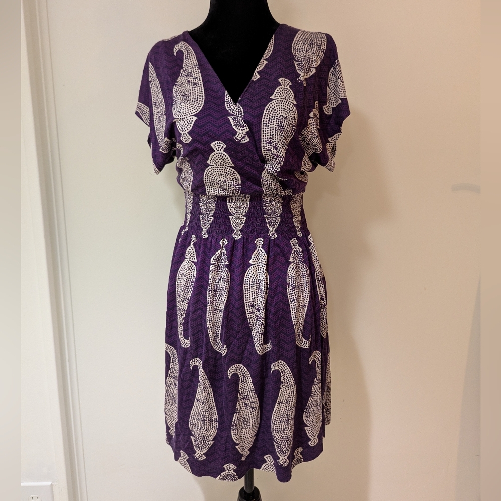 Tory Burch Womens 100% Silk Jersey Purple Blue Paisley Dress Size XS Pullover